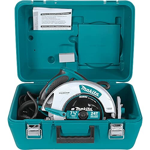 Circular saw in a teal carrying case.