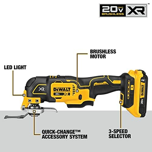 DeWalt 20V XR brushless oscillating tool with LED light and 3-speed selector.