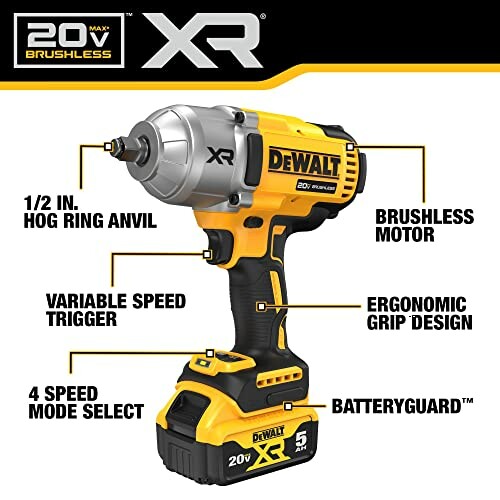 DeWalt 20V Max XR cordless impact wrench with features labeled.