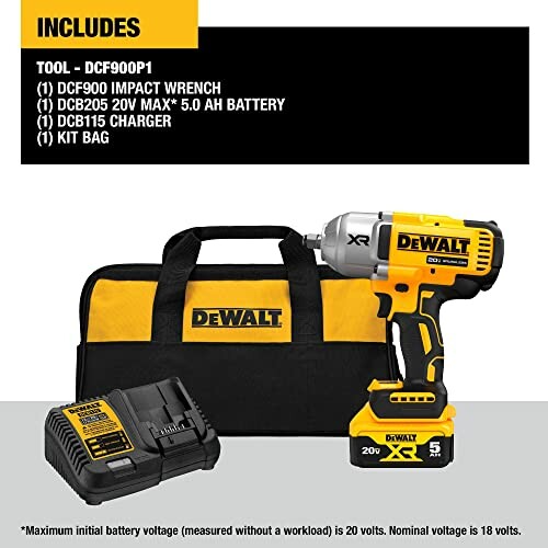 DeWalt impact wrench kit with bag, battery, and charger.