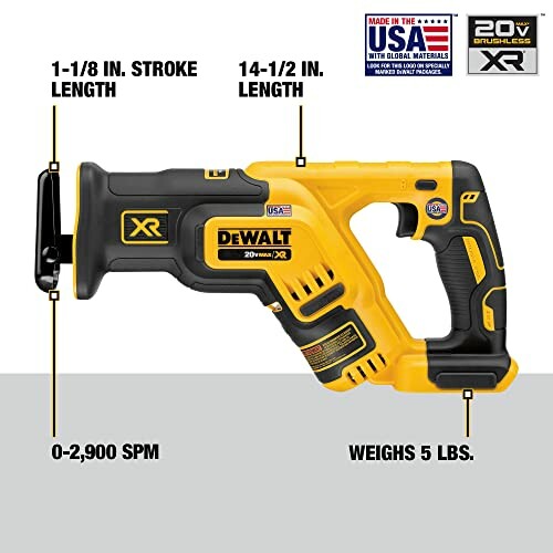 DeWalt 20V reciprocating saw with specifications.