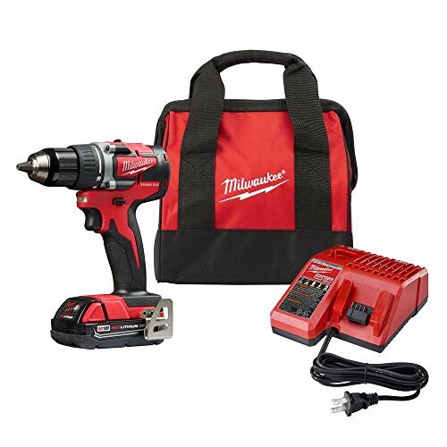 Milwaukee cordless drill with battery, charger, and carrying bag.